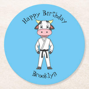 Cute cow in kung fu suit cartoon  round paper coaster