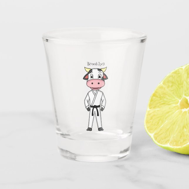 Cute cow in kung fu suit cartoon shot glass (Front)