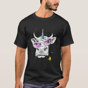 Cute Cow In Pink Glasses With Rainbow Unicorn Horn T-Shirt