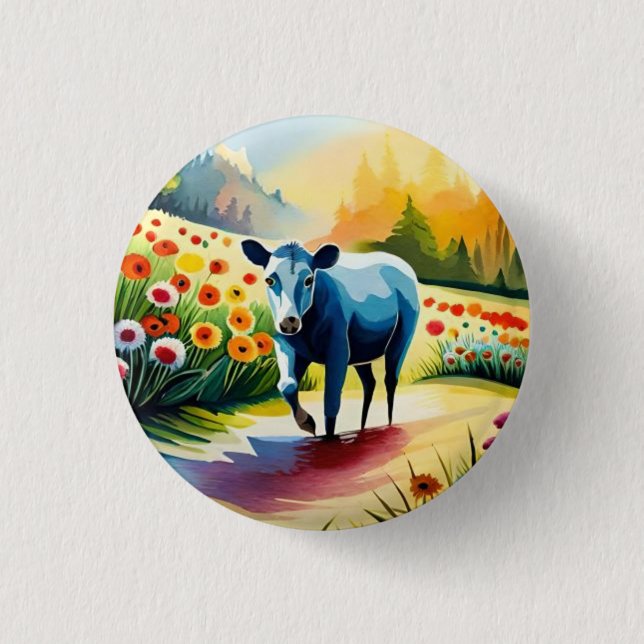 Cute cow in the floral field 3 cm round badge (Front)