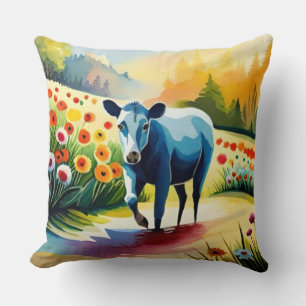 Cute cow in the floral field cushion