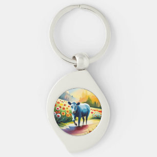 Cute cow in the floral field key ring