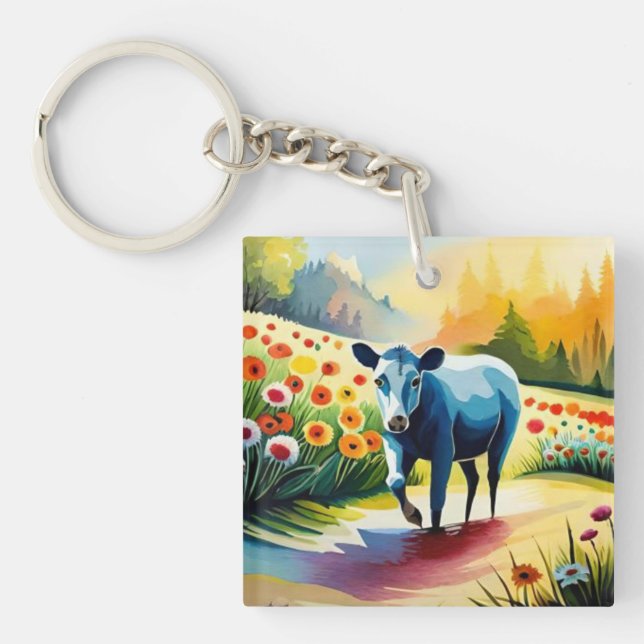 Cute cow in the floral field key ring (Front)