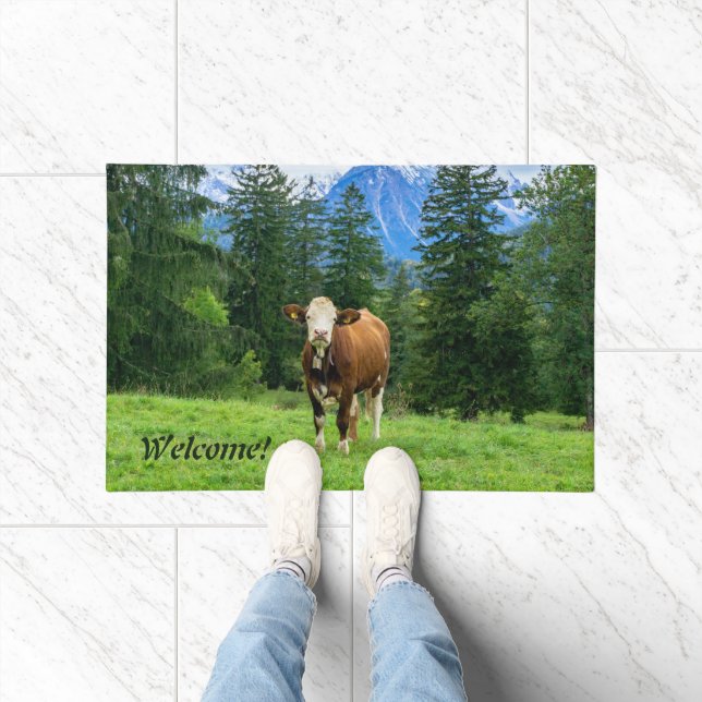 Cute cow in the pasture, photography, fun doormat (Indoor)