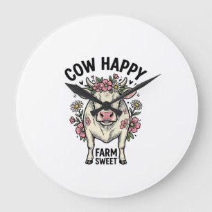 Cute Cow Lover Vintage Floral Farm Animal Art (3) Large Clock
