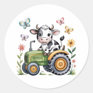 Cute Cow on Tractor Boy Birthday Party Classic Round Sticker