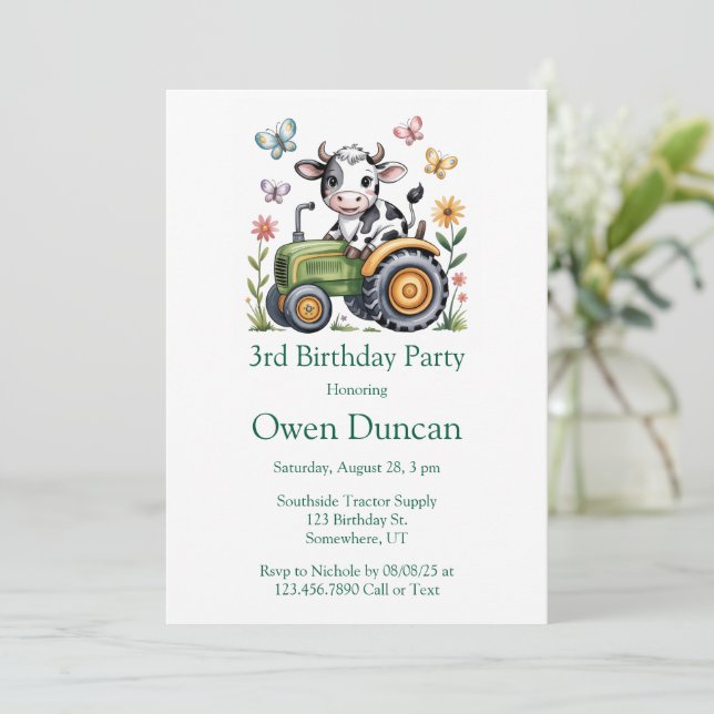 Cute Cow on Tractor Boy Birthday Party  Invitation (Standing Front)
