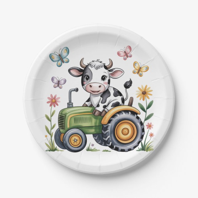 Cute Cow on Tractor Boy Birthday Party Paper Plate (Front)