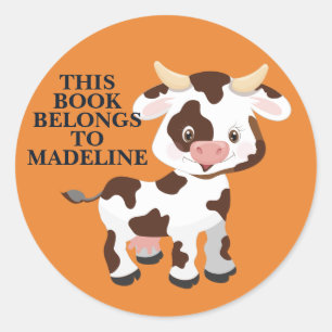 Cute Cow Orange Child's Name Bookplate Classic Round Sticker
