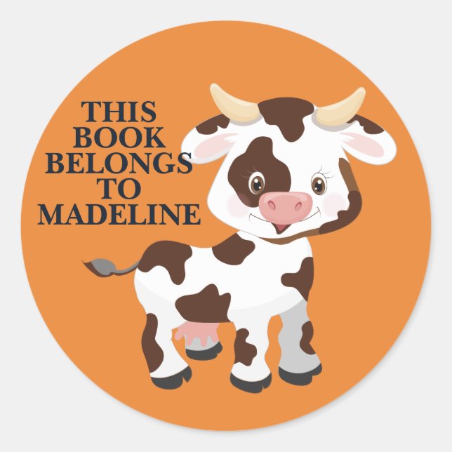 Cute Cow Orange Child's Name Bookplate Classic Round Sticker (Front)