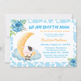 Cute Cow Over The Moon Blue Baby Shower Invitati Invitation