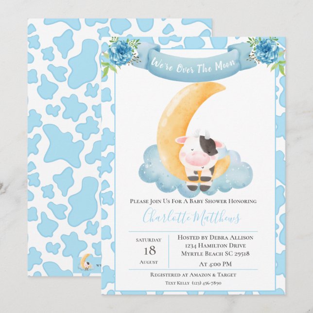 Cute Cow Over The Moon Blue Baby Shower   Invitation (Front/Back)