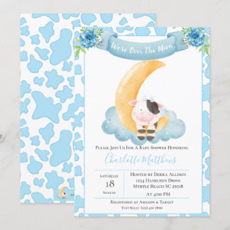 Cute Cow Over The Moon Blue Baby Shower Invitation