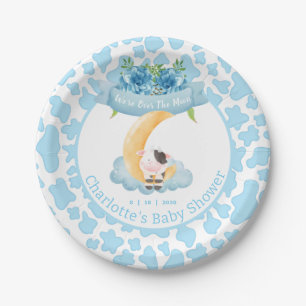 Cute Cow Over The Moon Blue Baby Shower  Paper Plate