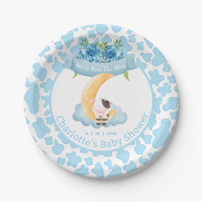 Cute Cow Over The Moon Blue Baby Shower  Paper Plate (Front)