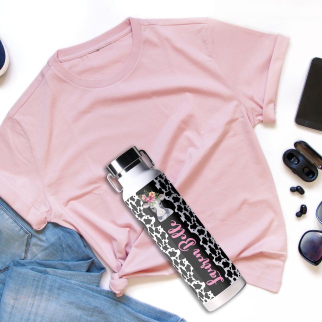 Cute Cow Pattern Pink Tropical Hibiscus Name Water Water Bottle (Creator Uploaded)