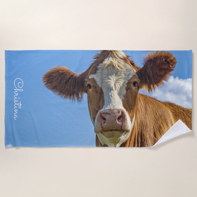 Cute Cow Personalised Beach Towel (Front)