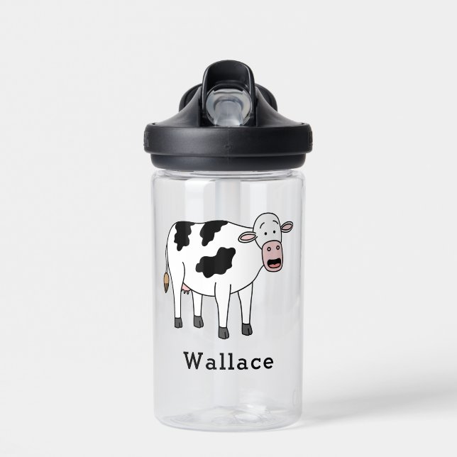 Cute Cow Personalised Custom Name Back To School Water Bottle (Front)