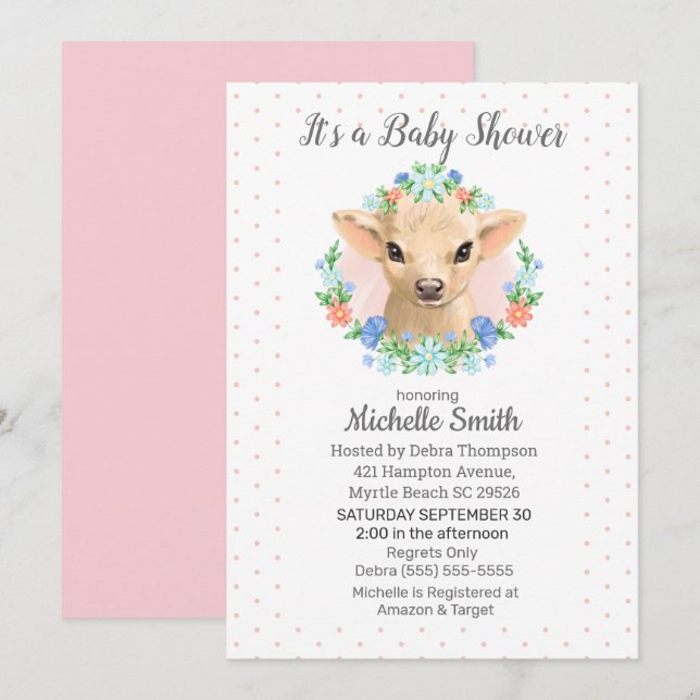 Cute Cow Pink Girls Floral Baby Shower  Invitation (Front/Back)