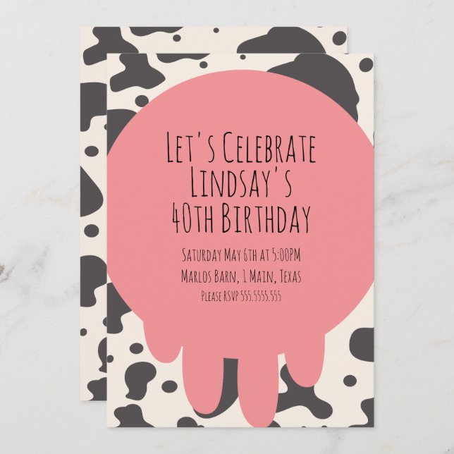 Cute Cow Print Adult Party 40th Birthday Holiday Card (Front/Back)