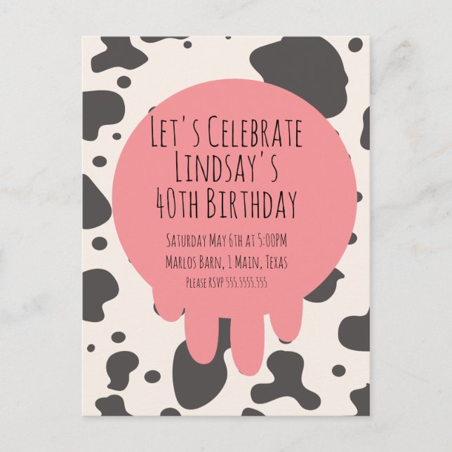 Cute Cow Print Adult Party 40th Birthday Postcard (Front)