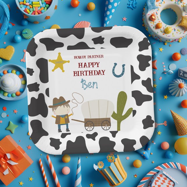 Cute Cow print Cowboy Birthday Paper Plate (Creator Uploaded)