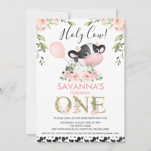 Cute Cow Print Holy Cow Floral 1st Birthday Invitation (Front)