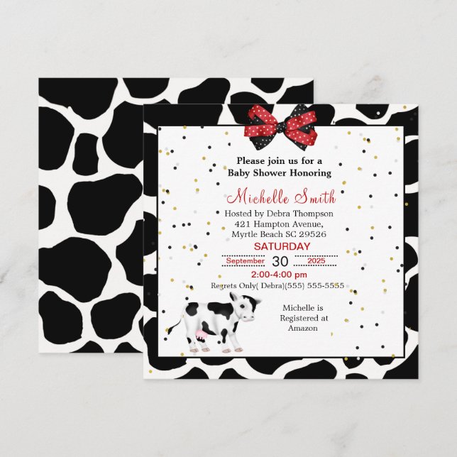 Cute Cow Print Red Black Baby Shower Invitations (Front/Back)