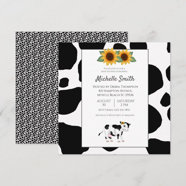 Cute Cow Print Sunflower Baby Shower Invitations (Front/Back)