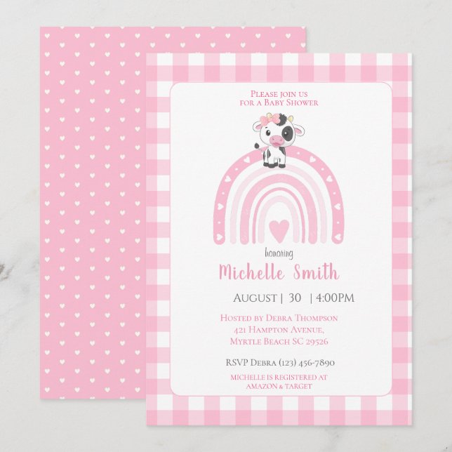  Cute Cow Rainbow Hearts Pink Gingham Girls Invitation (Front/Back)