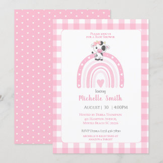 Cute Cow Rainbow Hearts Pink Gingham Girls Invitation