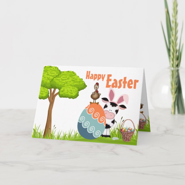 Cute Cow, Rooster and Colourful Eggs Farm Easter Card (Front)