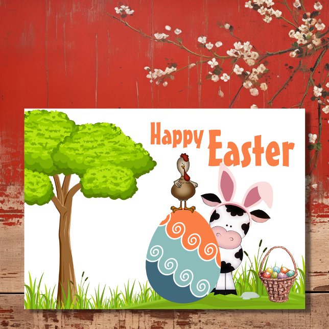 Cute Cow, Rooster and Colourful Eggs Farm Easter Holiday Card (Front - Cute Cow, Rooster and Colorful Eggs Farm Easter Holiday Card)