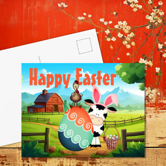 Cute Cow, Rooster and Colourful Eggs Farm Easter Holiday Postcard