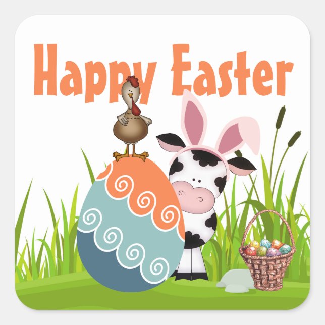 Cute Cow, Rooster and Colourful Eggs Farm Easter Square Sticker (Front)