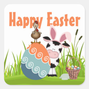 Cute Cow, Rooster and Colourful Eggs Farm Easter Square Sticker