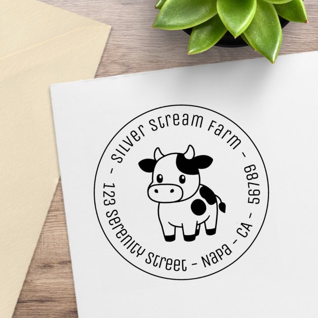 Cute Cow Round Business Address Rubber Stamp (Creator Uploaded)