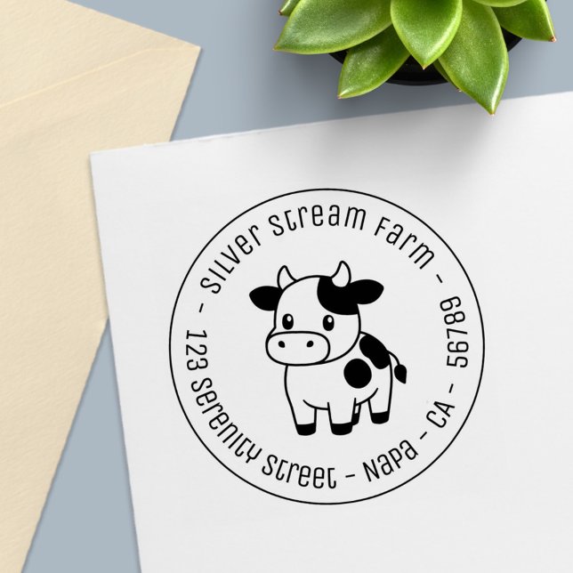 Cute Cow Round Business Address Self-inking Stamp (Creator Uploaded)