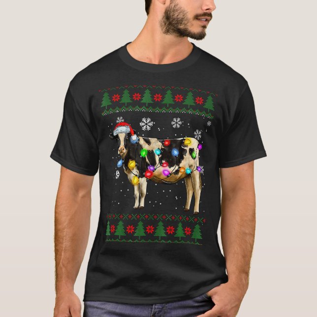 Cute Cow Santa Christmas Lights Ugly Xmas Sweater  (Front)