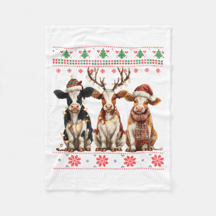 Cute Cow Santa Christmas Lights Ugly Xmas Sweater  Fleece Blanket