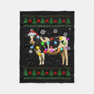 Cute Cow Santa Christmas Lights Ugly Xmas Sweater  Fleece Blanket
