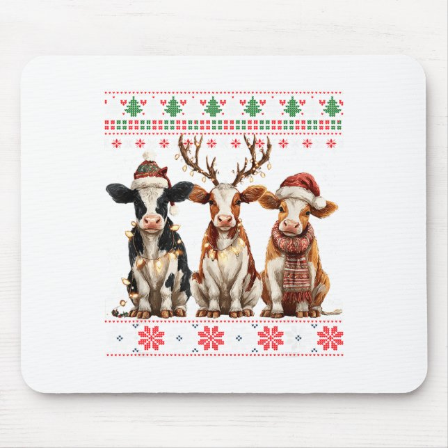 Cute Cow Santa Christmas Lights Ugly Xmas Sweater  Mouse Mat (Front)