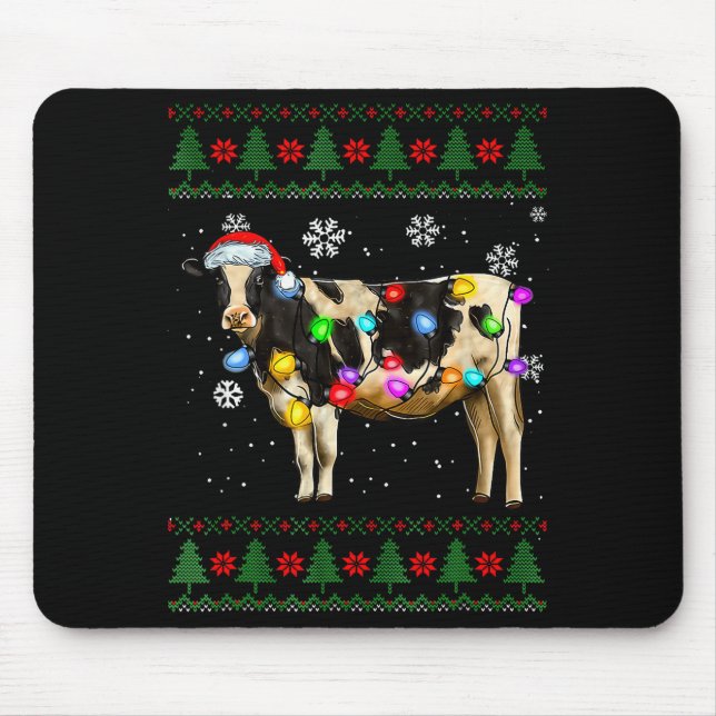 Cute Cow Santa Christmas Lights Ugly Xmas Sweater  Mouse Mat (Front)