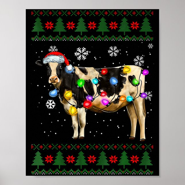 Cute Cow Santa Christmas Lights Ugly Xmas Sweater  Poster (Front)