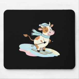 Cute Cow Skiing Scarf Winter Alpine Snow Scene Mouse Mat