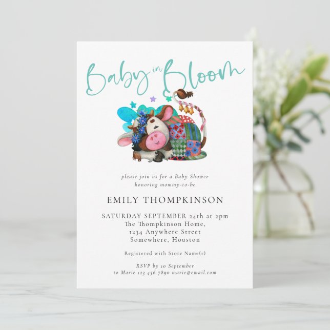 Cute Cow Sleeping Baby in Bloom Shower  Invitation (Standing Front)