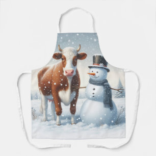 Cute cow & snowman in the winter field apron