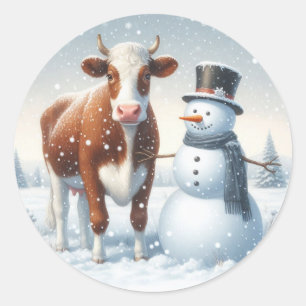 Cute cow & snowman in the winter field classic round sticker