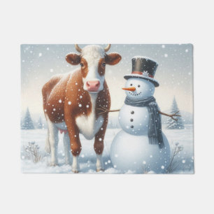 Cute cow & snowman in the winter field doormat