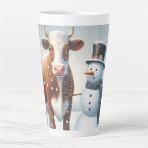 Cute cow & snowman in the winter field latte mug